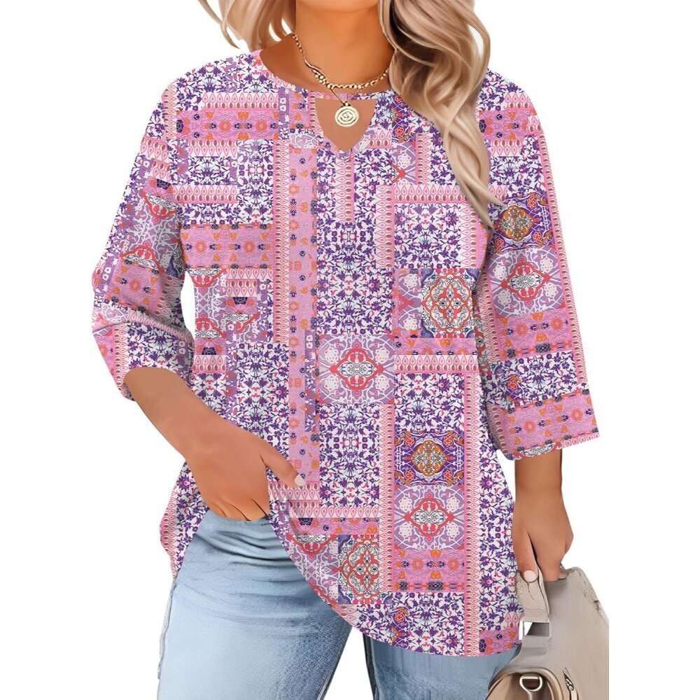 Plus Size Women's Blouses 3/4 Sleeve Crewneck Casual Shirts Easy to Match